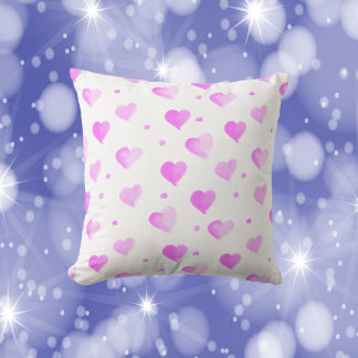 Watercolor Hearts and Dots Pink Throw Pillow