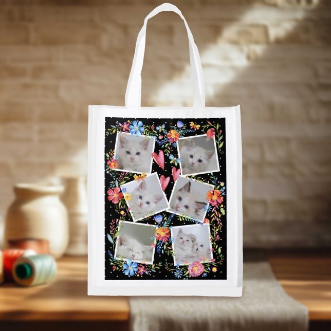 Watercolor Hearts and Flowers Six Photo Collage Grocery Bag (Whimsical Watercolor Hearts Flowers  and Butterflies Six Photo Collage Grocery Bag)