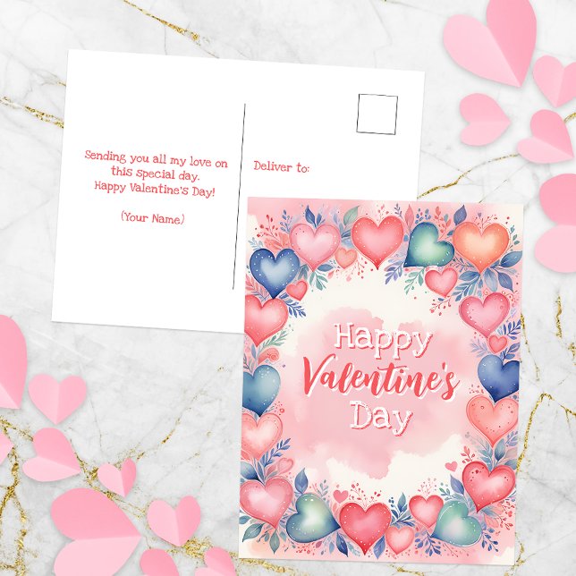 Watercolor Hearts and Flowers Valentine's Day Postcard (Creator Uploaded)