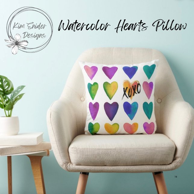Watercolor Hearts and XOXO Throw Pillow (Creator Uploaded)