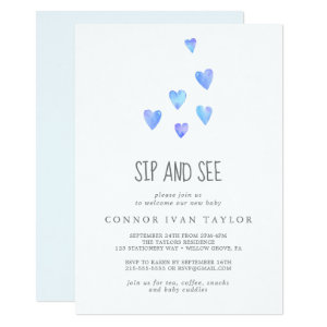 Watercolor Hearts Baby Boy Sip and See Invitation