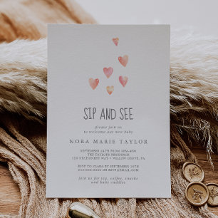 Watercolor Hearts Baby Girl Sip and See Invitation