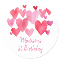 Watercolor Hearts Birthday Classic Round Sticker