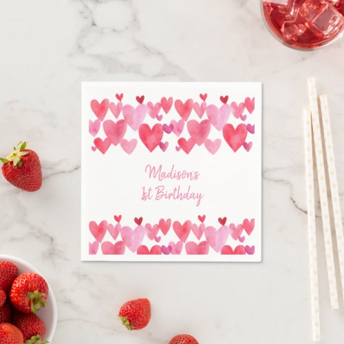 Watercolor Hearts Birthday Napkins