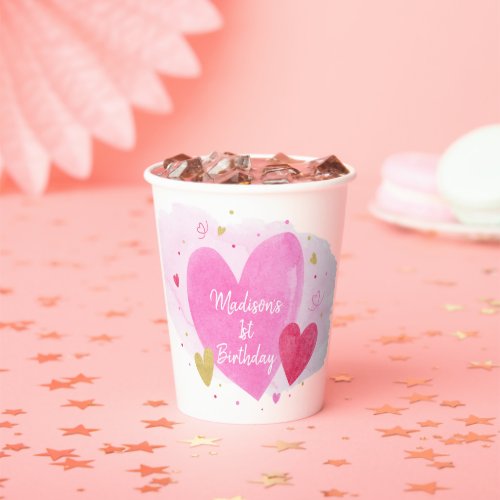 Watercolor Hearts Birthday Paper Cups