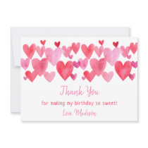 Watercolor Hearts Birthday Thank You Card