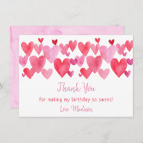 Watercolor Hearts Birthday Thank You Card