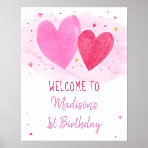 Watercolor Hearts Birthday Welcome Poster