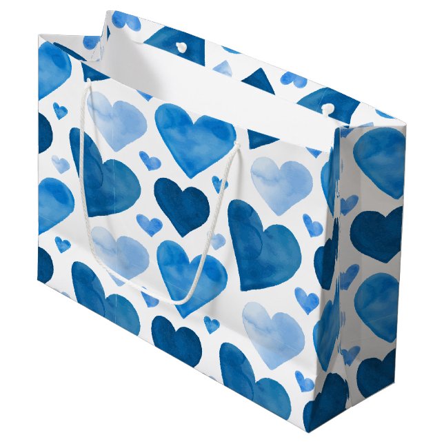 Watercolor Hearts - Blue Large Gift Bag (Front Angled)