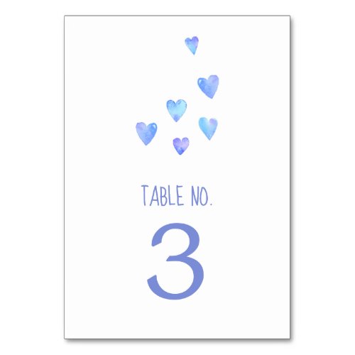 Watercolor Hearts  Blue Text Boy Baby Shower Table Number