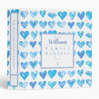 Watercolor Hearts Blue White Custom Recipe Binder