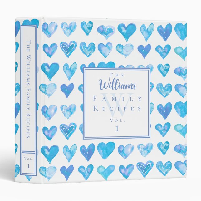 Watercolor Hearts Blue White Custom Recipe Binder (Front/Spine)