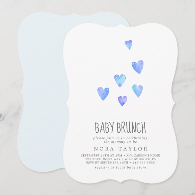Watercolor Hearts Boy Baby Brunch Invitation (Front/Back)