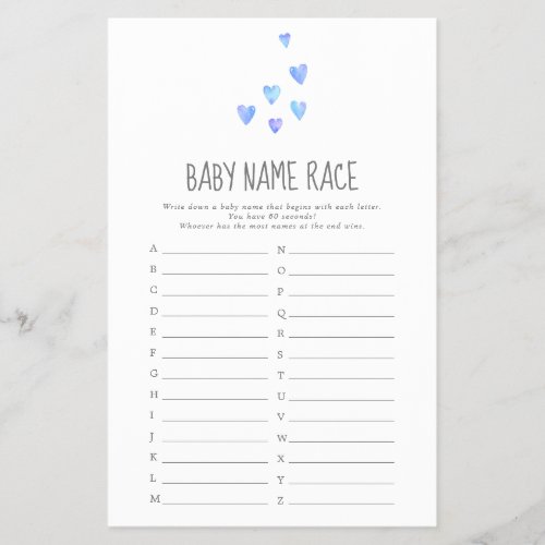 Watercolor Hearts Boy Baby Name Race Game
