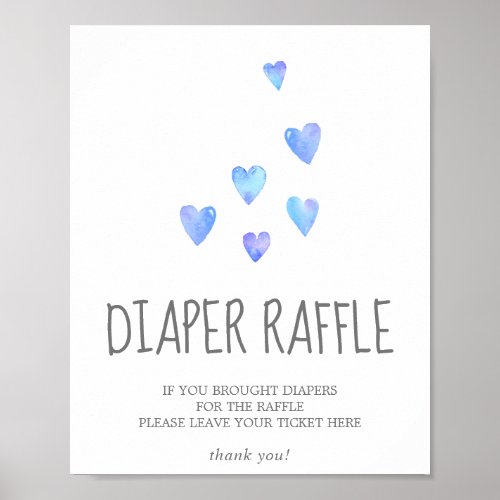 Watercolor Hearts Boy Baby Shower Diaper Raffle Poster