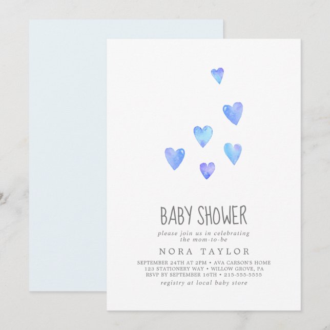 Watercolor Hearts Boy Baby Shower Invitation (Front/Back)