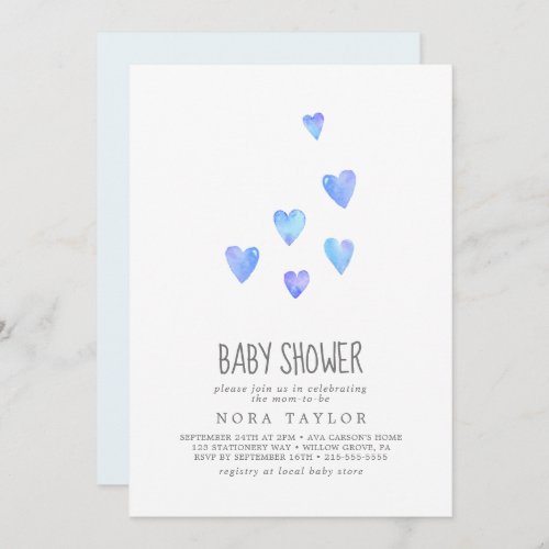 Watercolor Hearts Boy Baby Shower Invitation