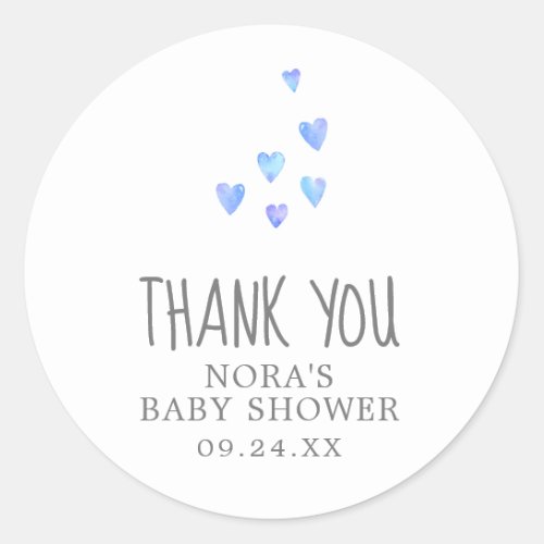 Watercolor Hearts Boy Baby Shower Thank You Favor Classic Round Sticker
