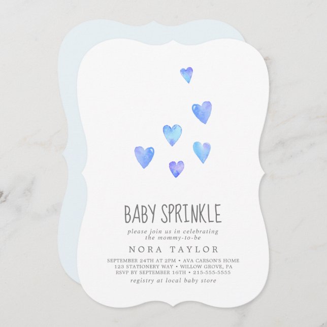 Watercolor Hearts Boy Baby Sprinkle Invitation (Front/Back)