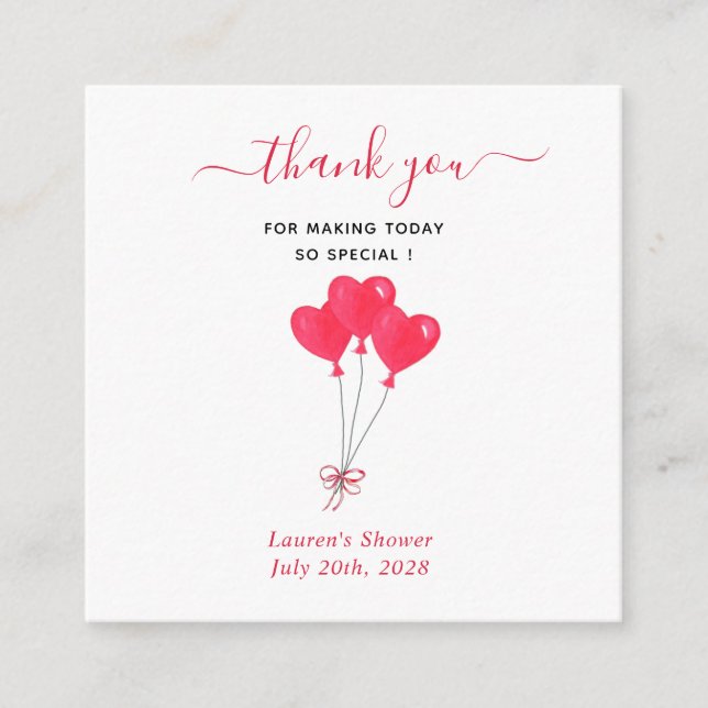Watercolor Hearts Bridal shower Thank you Enclosure Card (Front)