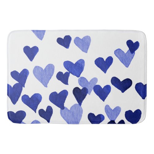 Watercolor hearts burst in blue bath mat