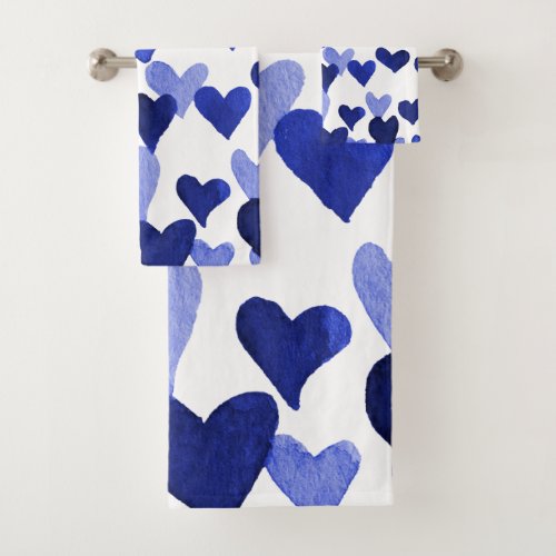 Watercolor hearts burst in blue bath towel set