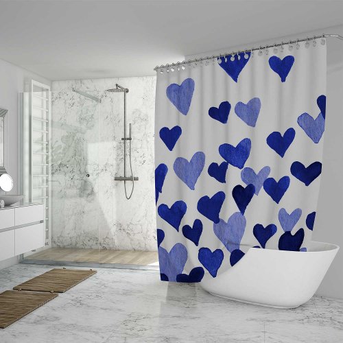 Watercolor hearts burst in blue shower curtain