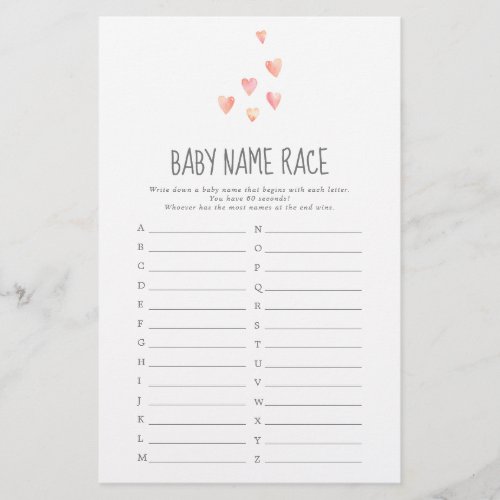 Watercolor Hearts Girl Baby Name Race Game
