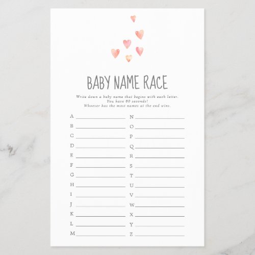 Watercolor Hearts Girl Baby Name Race Game