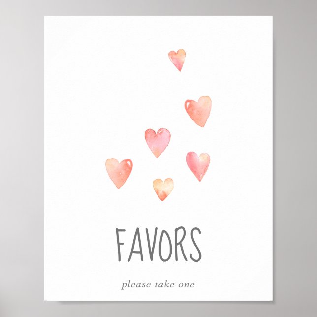 Watercolor Hearts Girl Baby Shower Favors Sign (Front)