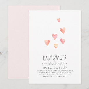 Watercolor Hearts Girl Baby Shower Invitation