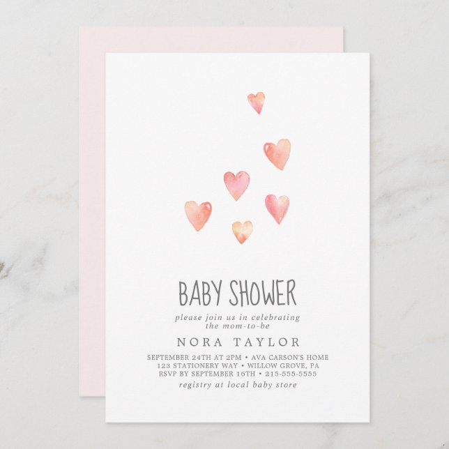 Watercolor Hearts Girl Baby Shower Invitation (Front/Back)