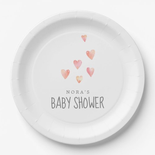 Watercolor Hearts Girl Baby Shower Paper Plate