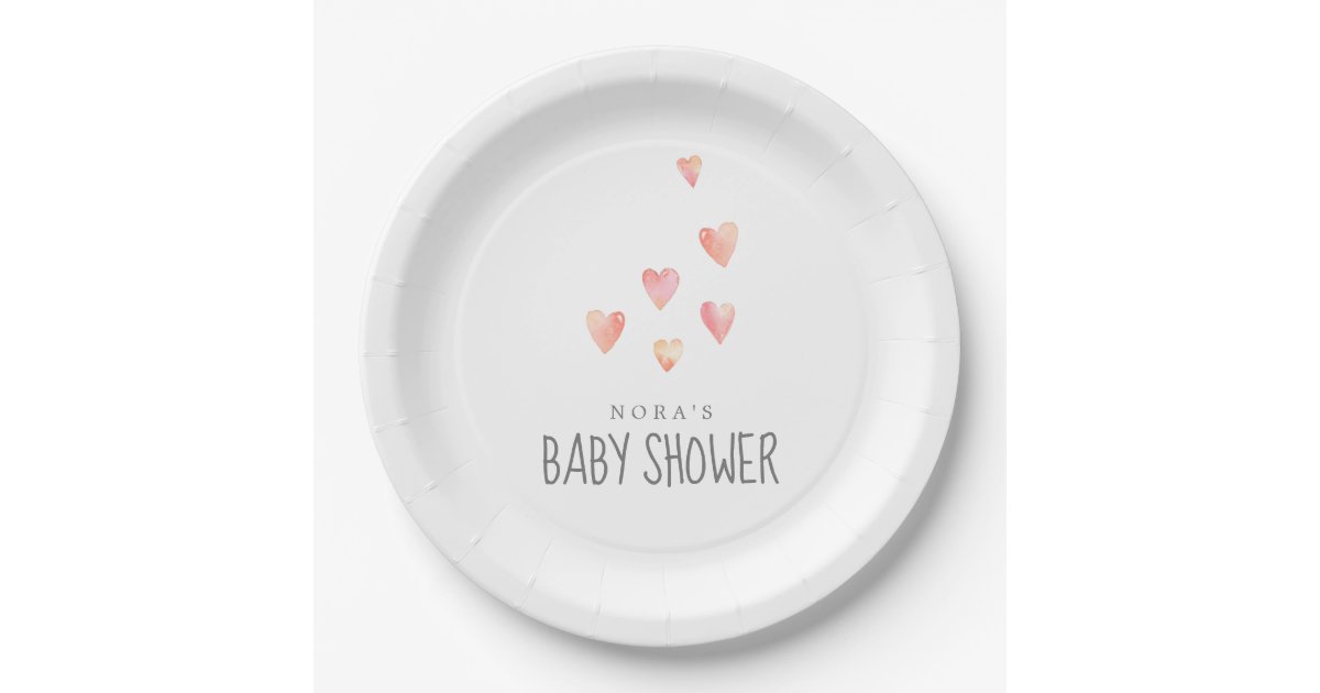 Watercolor Hearts Girl Baby Shower Paper Plate Zazzle