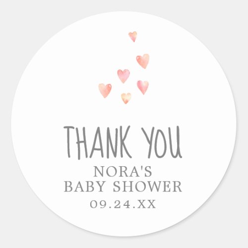 Watercolor Hearts Girl Baby Shower Thank You Favor Classic Round Sticker