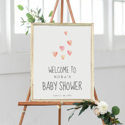 Watercolor Hearts Girl Baby Shower Welcome Poster