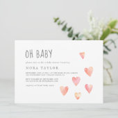 Watercolor Hearts Girl Horizontal Oh Baby Shower Invitation (Standing Front)