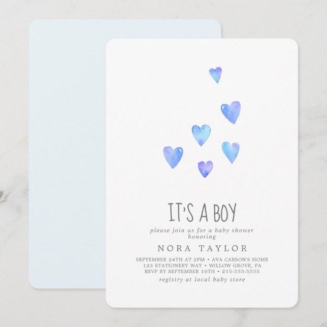 Watercolor Hearts It's A Boy Baby Shower Invitation (Front/Back)
