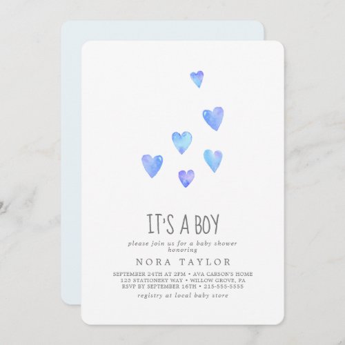 Watercolor Hearts Its A Boy Baby Shower Invitation