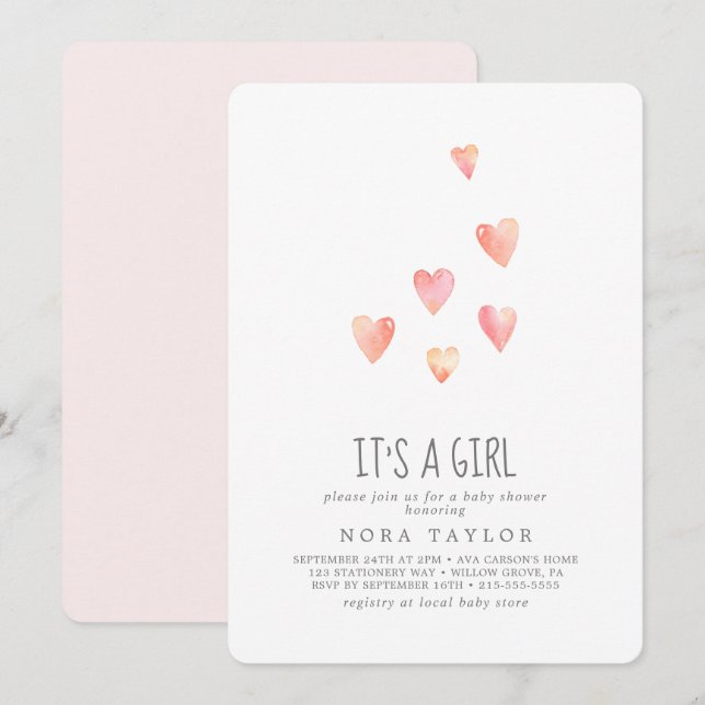 Watercolor Hearts It's A Girl Baby Shower Invitation (Front/Back)