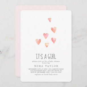 Watercolor Hearts It's A Girl Baby Shower Invitation