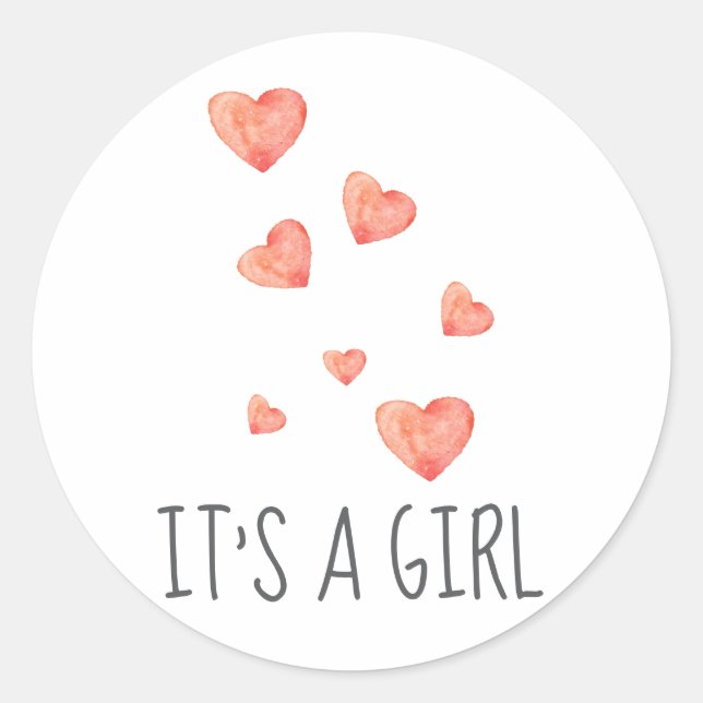 Watercolor Hearts It's A Girl Baby Sticker (Front)