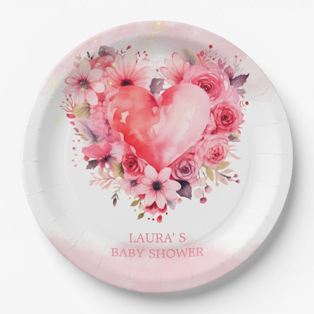 Watercolor Hearts Little Sweetheart Baby Shower Paper Plates (Front)