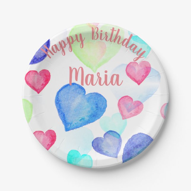 Watercolor Hearts Paper Plates (Front)