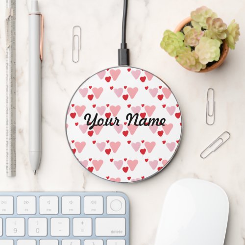 Watercolor Hearts Pattern and Your Name Wireless Charger
