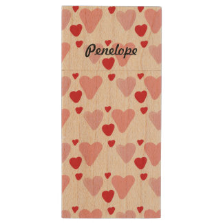Watercolor Hearts Pattern and Your Name Wood Flash Drive