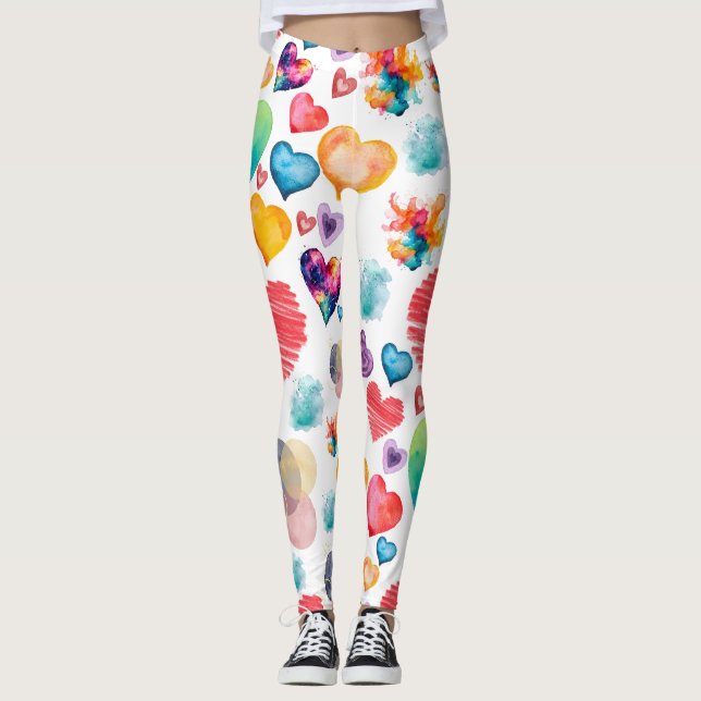 Watercolor Hearts Pattern Leggings (Front)