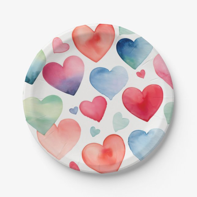 Watercolor hearts pattern paper plates (Front)