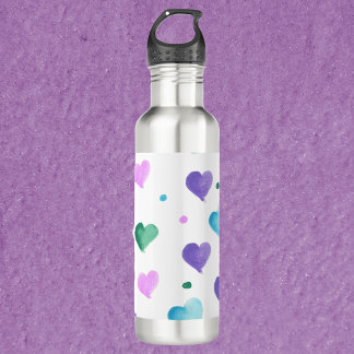 Watercolor Hearts Pattern Pink Green Blue Purple Stainless Steel Water Bottle