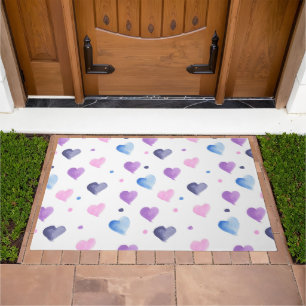 Watercolor Hearts Pattern Pink Purple Blue Doormat